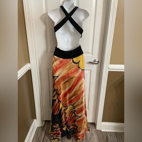 TERANI COUTURE Halter 100% Silk Dress Maxi Boho Sash Crisscross Back Size 2 - Picture 9 of 12